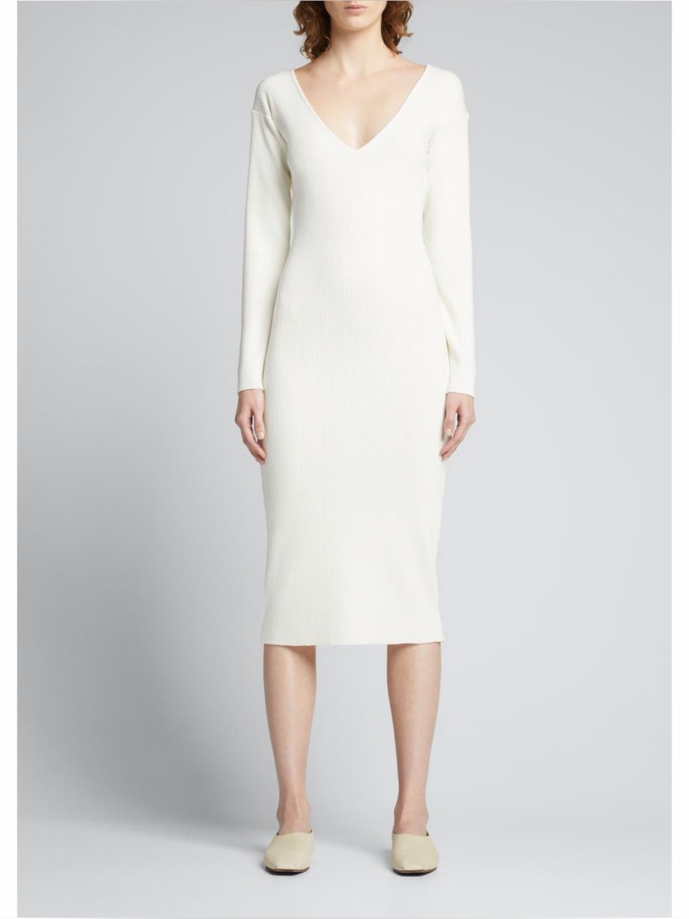 Vince V-Neck Long-Sleeve Ribbed Dress in White